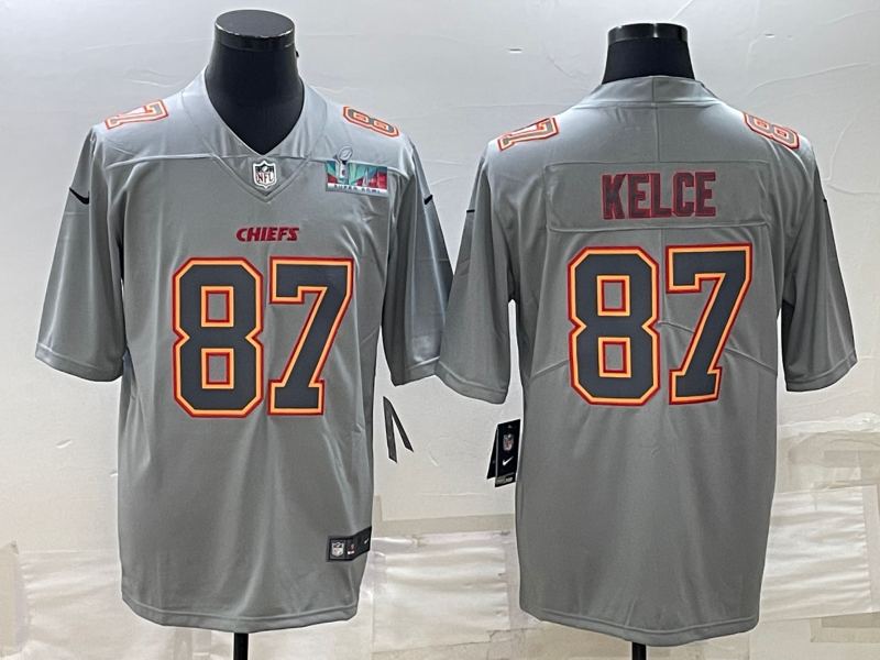 Men's Kansas City Chiefs #87 Travis Kelce Gray Super Bowl LVII Patch Atmosphere Fashion Stitched Jersey Men's Kansas City Chiefs #87 Travis Kelce Gray Super Bowl LVII Patch Atmosphere Fashion Stitched Jersey
